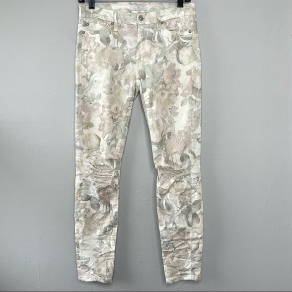 7 FOR ALL MANKIND Floral Skinny Jeans Womens Size 26 Distressed Preppy Grunge - Picture 1 of 8